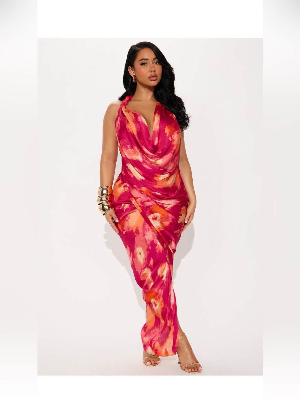 Sunset Blvd Abstract Satin Maxi Dress - Fuchsia/ combo